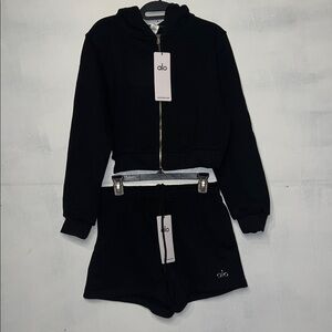ALO Yoga black Hoodie and Shorts Set.